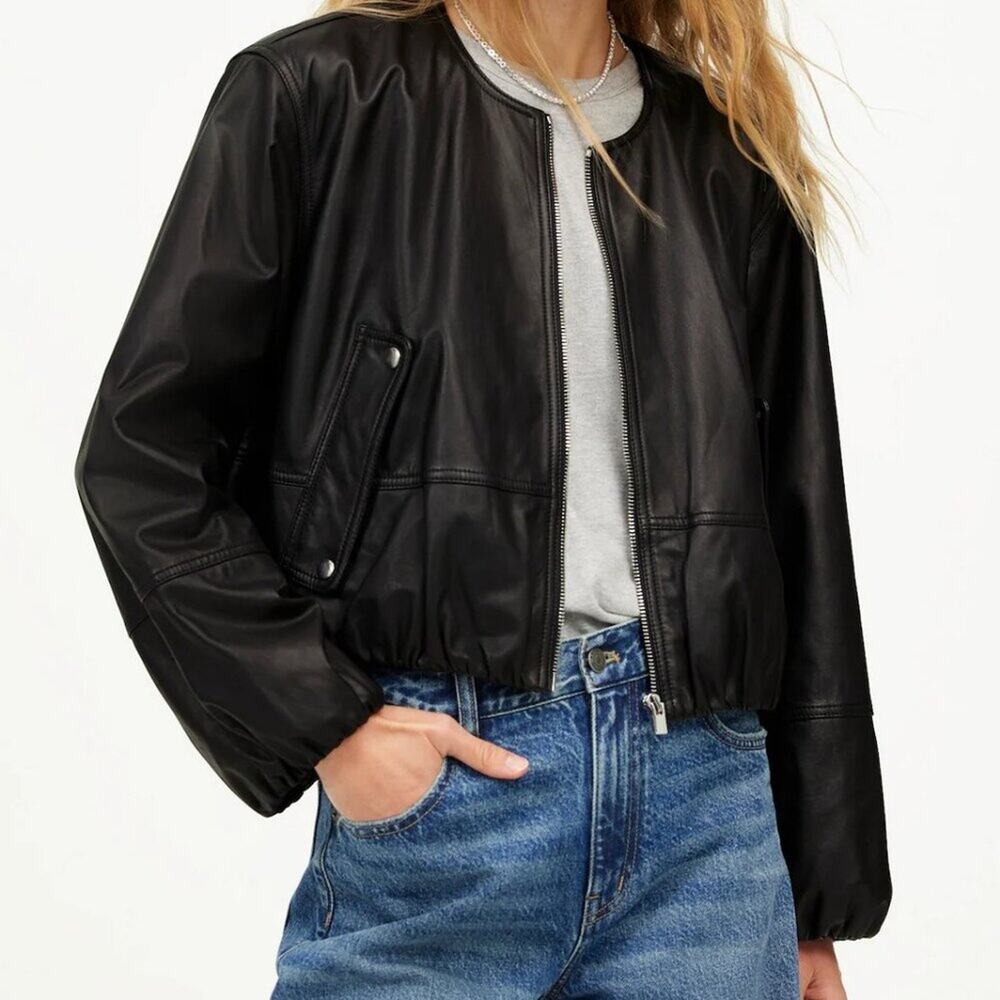 NWT Madewell Lambskin Leather Bubble-Sleeve Jacket Black S